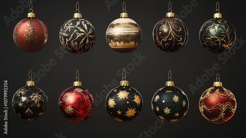 Red and Gold Christmas Ornaments with Glitter Details. AI generated image