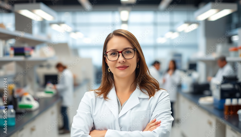 Fototapeta premium A young Woman in White Coat and Glasses Standing in Medical Science Laboratory Team of Specialists in the Background.