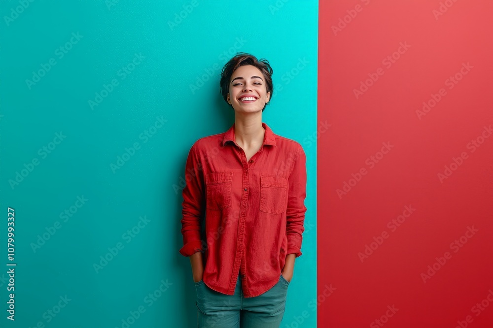 Cheerful and Confident Person with Hands at Their Sides Against a Brightly Colored Background Exhibits Joy and Positivity in a Modern Setting Cheerful and Confident Person with Hands at Their Sides Against a Brightly Colored Background Exhibits Joy and Positivity in a Modern Setting