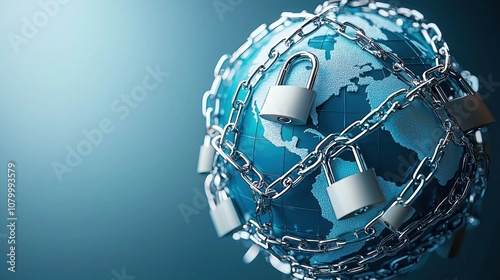 Global encasement by metal chains and locks, blue theme.
