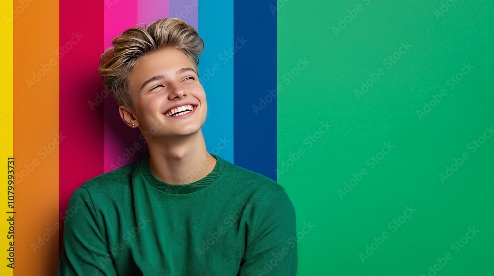 Cheerful and Confident Person with a Radiant Smile in Front of Colorful Background, Perfect for Bright and Uplifting Visuals in Various Contexts Cheerful and Confident Person with a Radiant Smile in Front of Colorful Background, Perfect for Bright and Uplifting Visuals in Various Contexts
