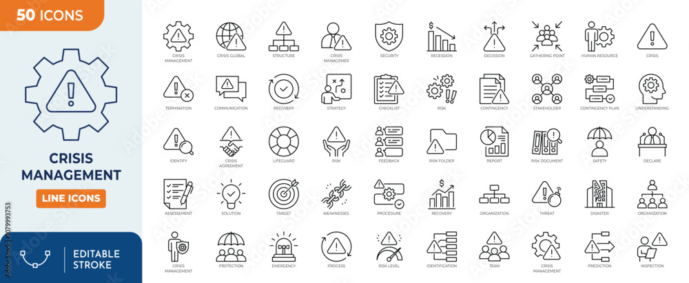 Fototapeta premium crisis management icon set. Set of crisis and risk management Icon. Outline Icon Collection. Vector illustration. Editable stroke 