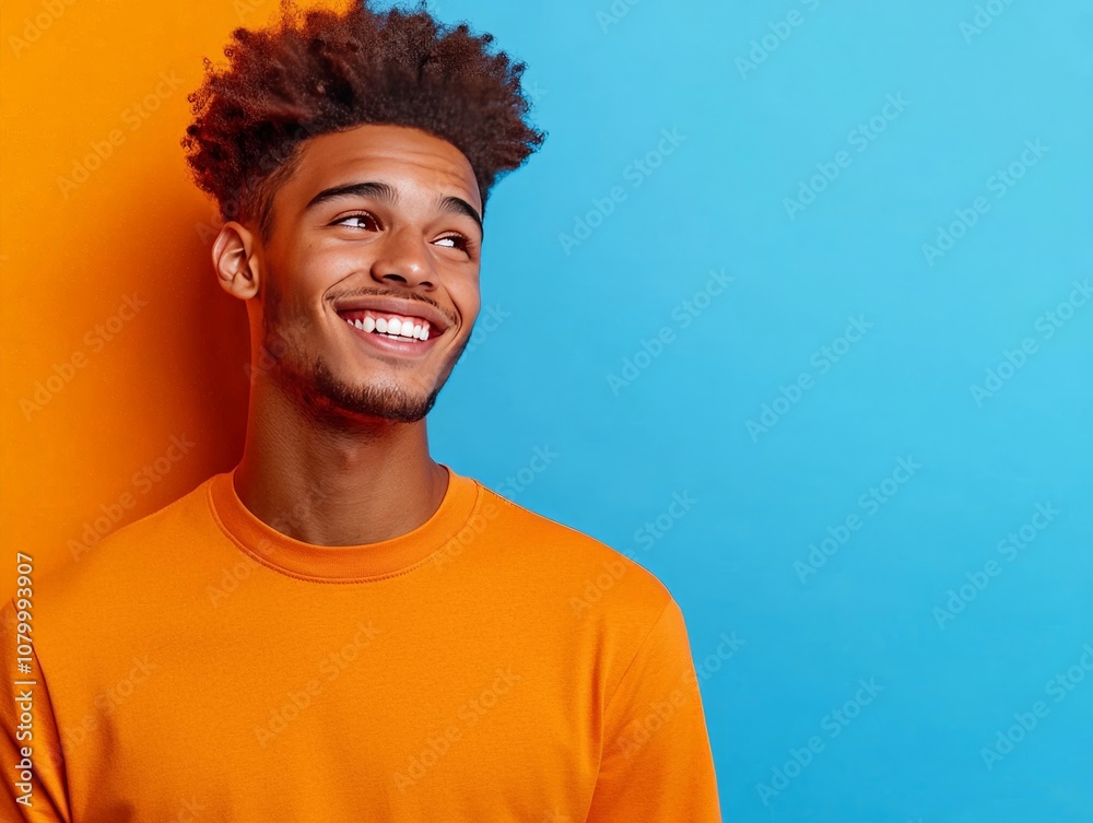 Young man with curly hair smiling confidently while looking to the side against a vibrant orange and blue background, showcasing a joyful and positive demeanor. Young man with curly hair smiling confidently while looking to the side against a vibrant orange and blue background, showcasing a joyful and positive demeanor.