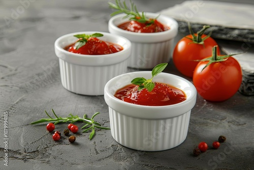 Single tomato ketchup  in white dishes . photo