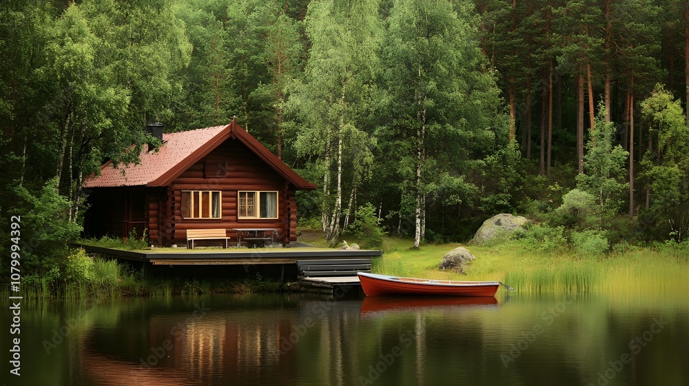 A Scandinavian log cabin by a peaceful lake, with a small dock, a rowboat, and surrounding pine trees, ideal for serene, nature-inspired settings. A Scandinavian log cabin by a peaceful lake, with a small dock, a rowboat, and surrounding pine trees, ideal for serene, nature-inspired settings.