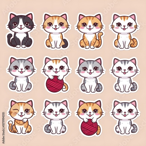 Cute Cartoon Cats Stickers Set, Adorable Feline Illustrations with Different Colors and Poses, Perfect for Scrapbooking, Planners, and More