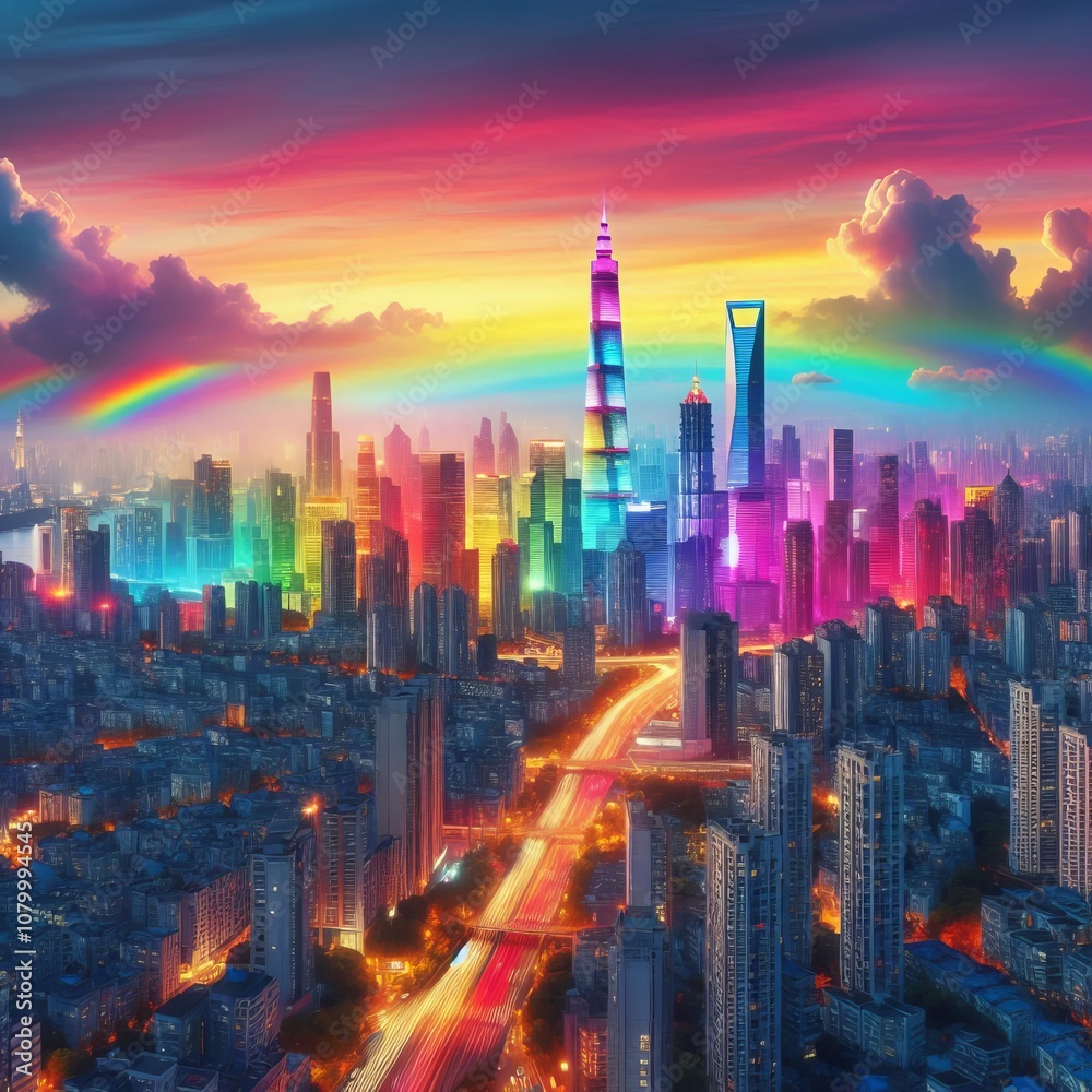 Fototapeta premium Rainbow City A colorful rainbow hued cityscape at sunset ;