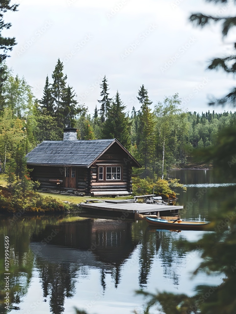 A Scandinavian log cabin by a peaceful lake, with a small dock, a rowboat, and surrounding pine trees, ideal for serene, nature-inspired settings. A Scandinavian log cabin by a peaceful lake, with a small dock, a rowboat, and surrounding pine trees, ideal for serene, nature-inspired settings.