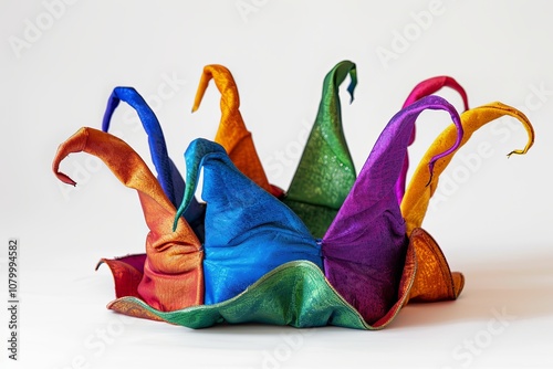 Vibrant jester hats in various colors on white background.