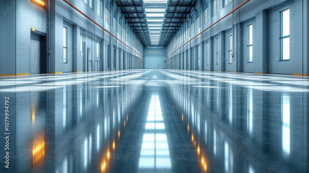 Fototapeta premium A spacious, modern corridor with reflective flooring and lighting.