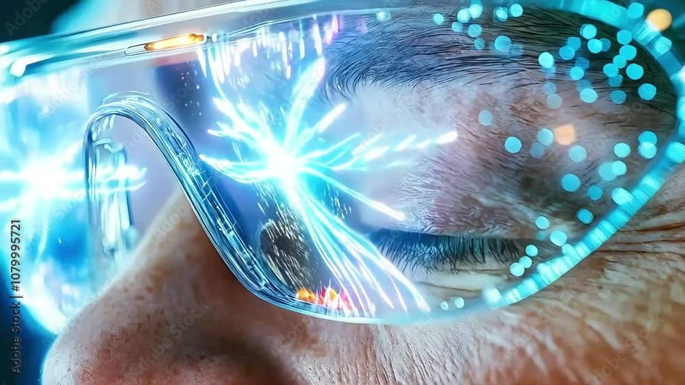 an elderly woman's face, her eyes filled with wonder as she watches a virtual reality headset display a serene, natural landscape. an elderly woman's face, her eyes filled with wonder as she watches a virtual reality headset display a serene, natural landscape.
