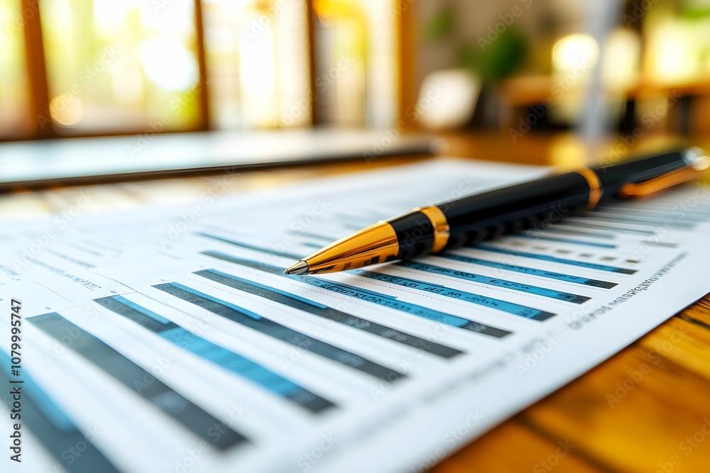 Fototapeta premium A close-up view of a pen resting on financial documents with charts, highlighting a professional workspace filled with natural light.