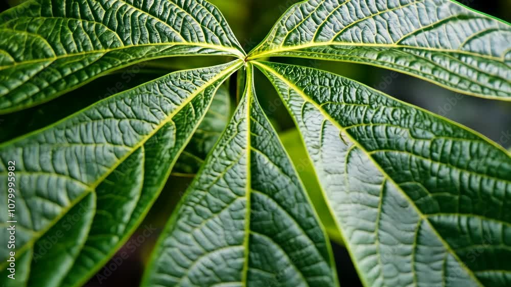 A close-up of a large, green leaf with prominent veins, taken in the early afternoon A close-up of a large, green leaf with prominent veins, taken in the early afternoon