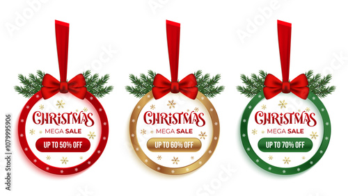 Discount and price tags on paper. Christmas Mega Sale Offer Badge and Sale Hanging for Christmas sale concept. Xmas Sale design on christmas ball.  
