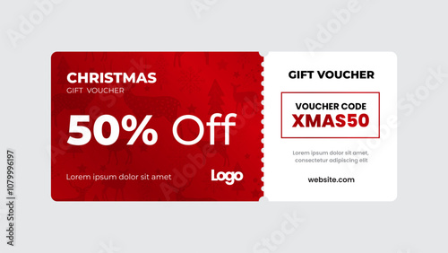 Christmas gift voucher card template vector illustration. 50% off sale coupon code promotion. Christmas gift card voucher design for business. Elegant template for a festive gift card.