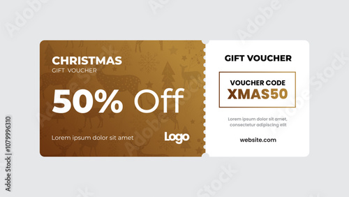 Christmas gift voucher card template vector illustration. 50% off sale coupon code promotion. Christmas gift card voucher design for business. Elegant template for a festive gift card.