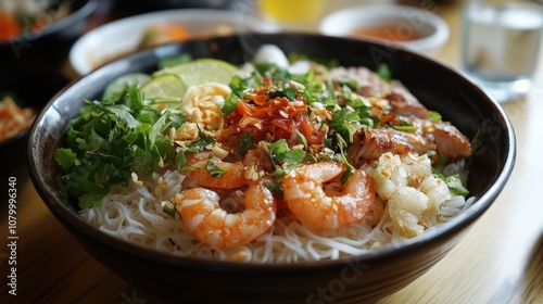 A delicious bowl of shrimp noodles topped with herbs, spices, and vibrant ingredients, perfect for food lovers.