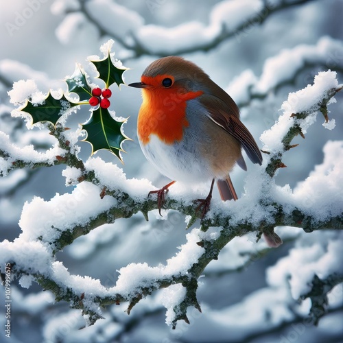 Robin on a Snowy Branch – A small robin perched on a snow lade photo