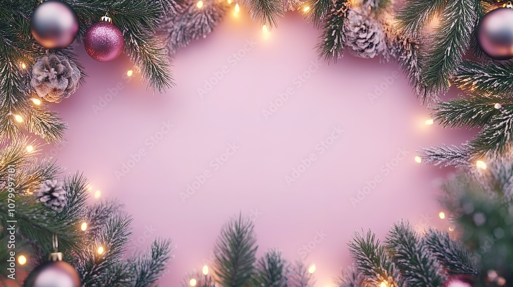 Christmas tree branches adorned with ornaments, decorations on pink background, festive holiday theme. Christmas tree branches adorned with ornaments, decorations on pink background, festive holiday theme.