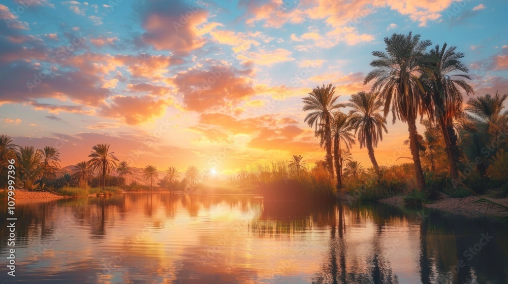 Sunset Over Palm Trees and a Tranquil Lake