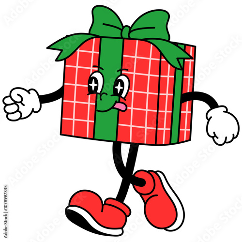 Red Christmas gift with green bow retro cartoon character walking illustration