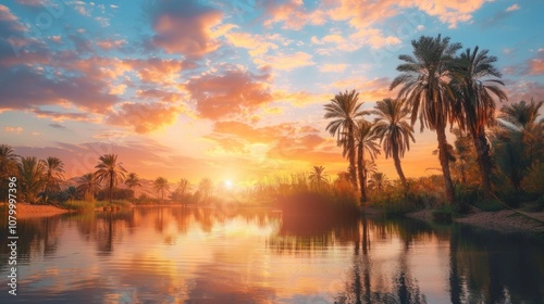 Sunset Over Palm Trees and a Tranquil Lake