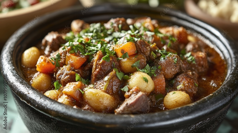 A hearty bowl of flavorful stew with tender meat, vegetables, and fresh herbs, perfect for warming comfort food. A hearty bowl of flavorful stew with tender meat, vegetables, and fresh herbs, perfect for warming comfort food.