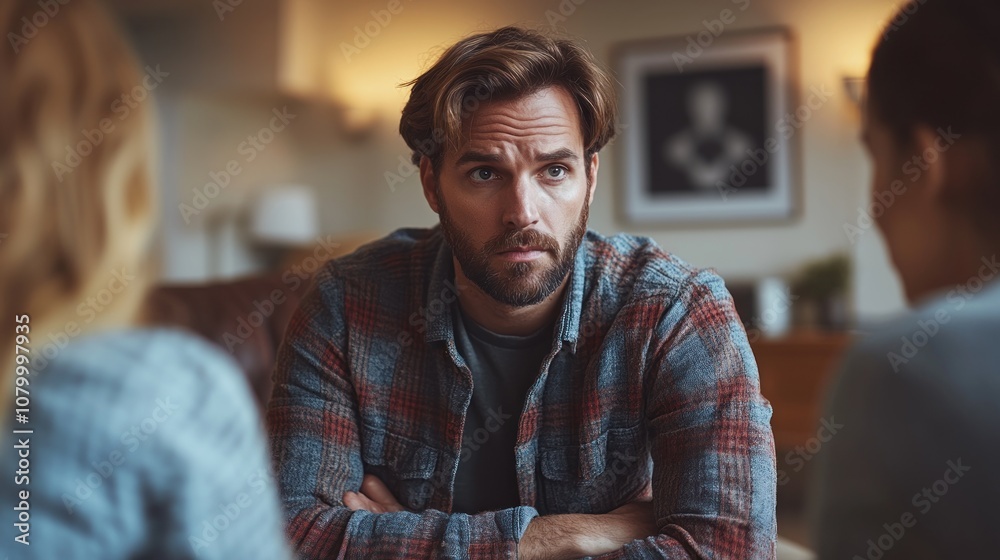 Fototapeta premium A serious conversation among three individuals in a cozy setting.