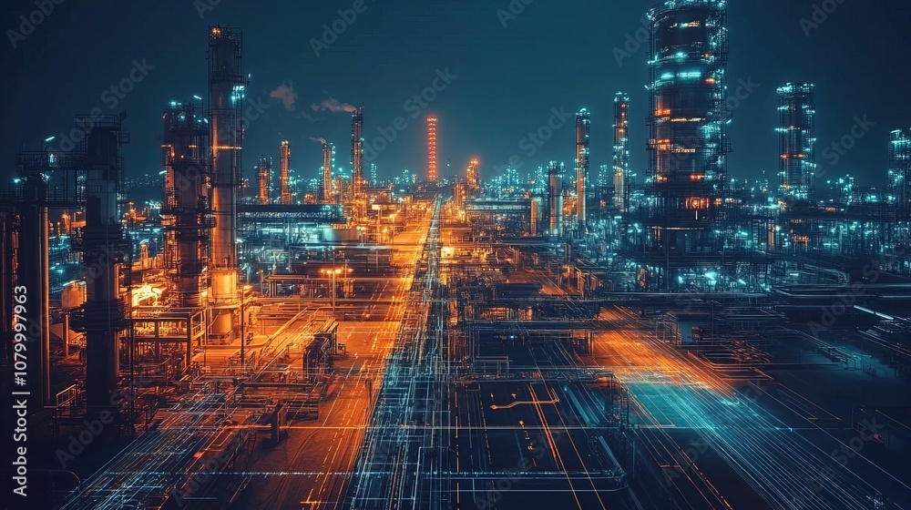 Fototapeta premium Industrial Plant with Futuristic Data Overlay at Night