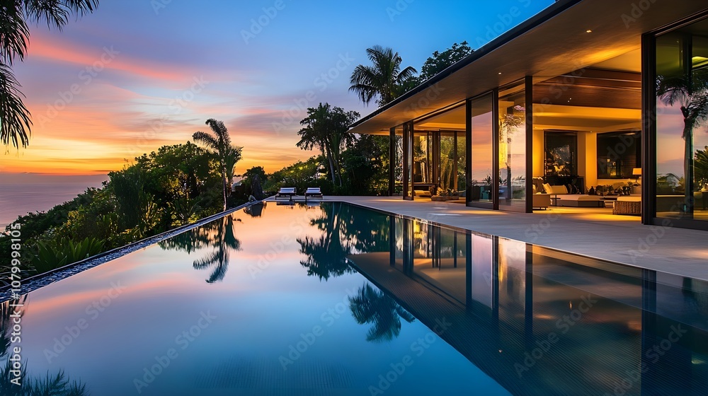 A sleek, modern villa with large glass windows, an infinity pool reflecting the sunset, and ambient outdoor lighting, surrounded by palm trees. 