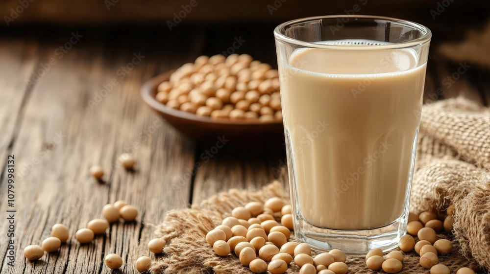 A refreshing glass of soy milk served with soybeans on a rustic wooden table, perfect for healthy and nutritious diets. A refreshing glass of soy milk served with soybeans on a rustic wooden table, perfect for healthy and nutritious diets.