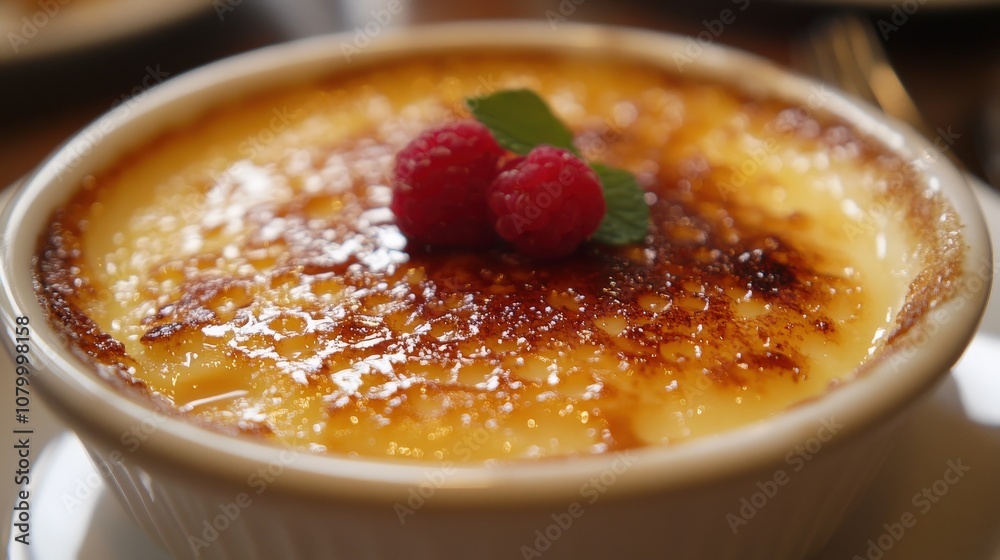 A rich and creamy dessert, topped with caramelized sugar and garnished with fresh raspberries, perfect for indulgence. A rich and creamy dessert, topped with caramelized sugar and garnished with fresh raspberries, perfect for indulgence.