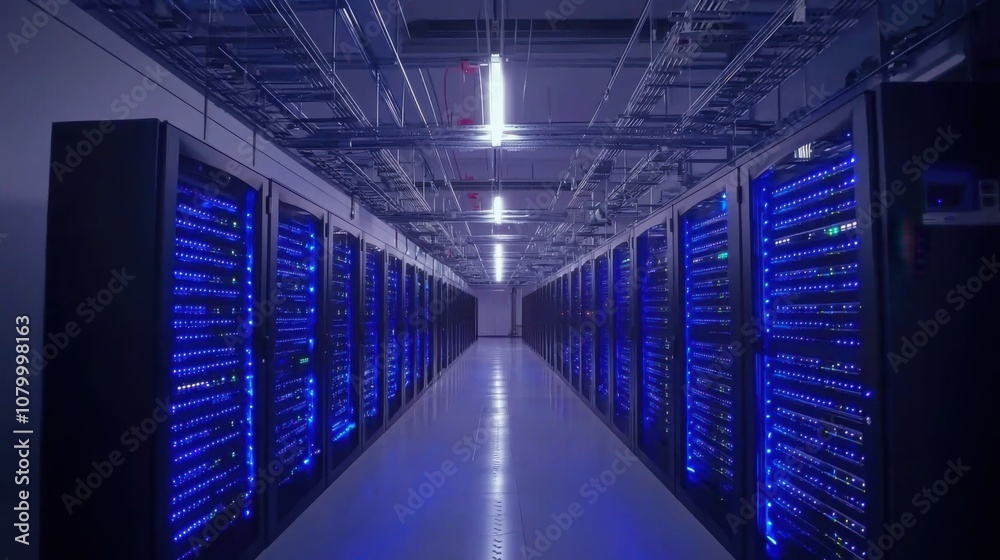 Modern Data Center with Illuminated Server Racks Modern Data Center with Illuminated Server Racks