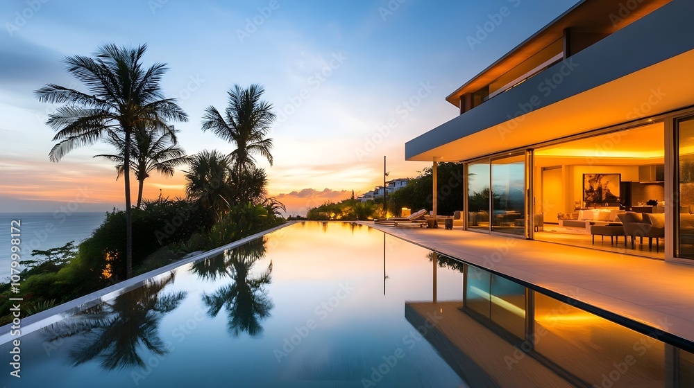 A sleek, modern villa with large glass windows, an infinity pool reflecting the sunset, and ambient outdoor lighting, surrounded by palm trees. A sleek, modern villa with large glass windows, an infinity pool reflecting the sunset, and ambient outdoor lighting, surrounded by palm trees.
