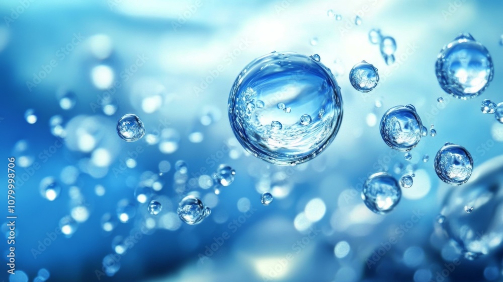 Serene Close-Up of Various Floating Bubbles on Blue Background with Water Droplets, Creating Movement and Depth Serene Close-Up of Various Floating Bubbles on Blue Background with Water Droplets, Creating Movement and Depth