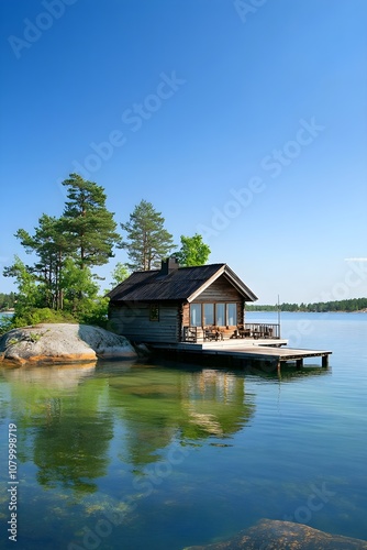 A small, secluded cabin on a tiny island with a wooden veranda, private dock, and surrounding tranquil waters under a clear blue sky