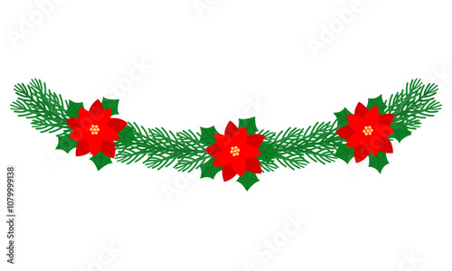 christmas wreath branch with poinsettia flower illustration