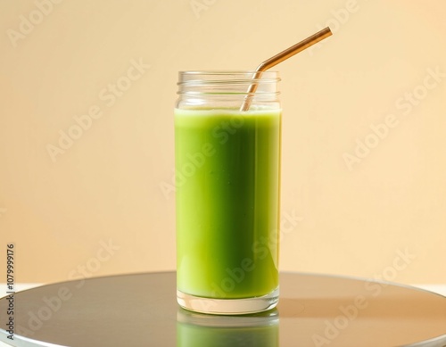 Fresh green juice with metal straw on minimalist beige background, healthy drink photograph