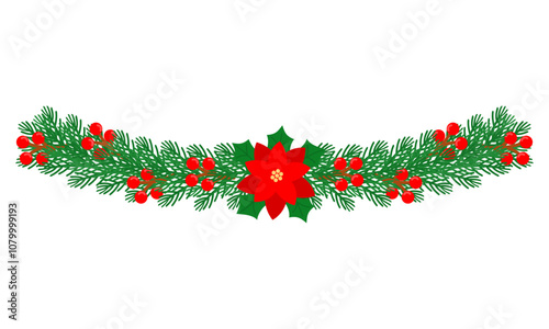 christmas wreath branch with poinsettia flower and berry illustration