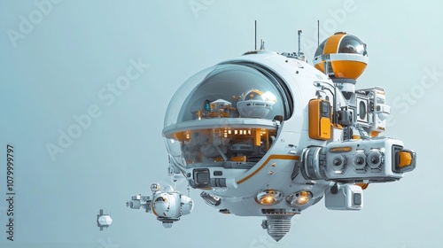 isometric space city with futuristic domes, floating platforms, and spaceports