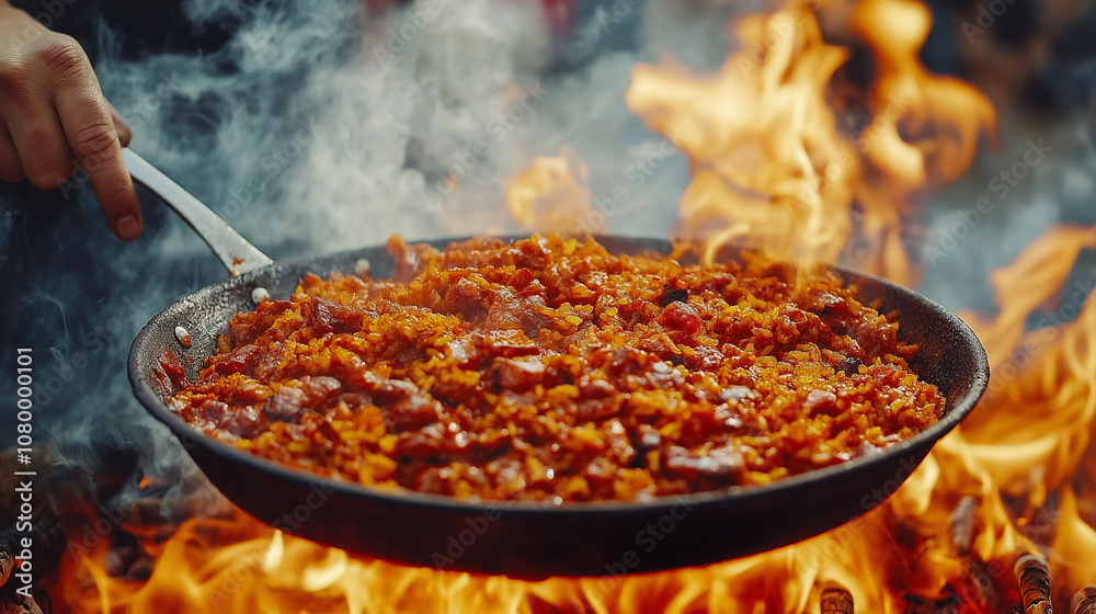 Chef Sautéing a Spicy Dish Over Open Flames Outdoors Chef Sautéing a Spicy Dish Over Open Flames Outdoors