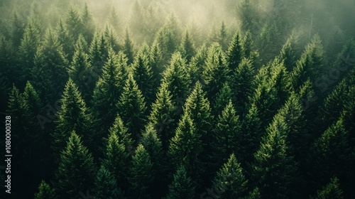 Lush Green Forest with Morning Fog and Serenity