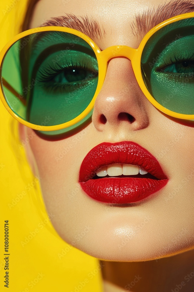 Close-up of a woman's face with green sunglasses and bright red lipstick Close-up of a woman's face with green sunglasses and bright red lipstick