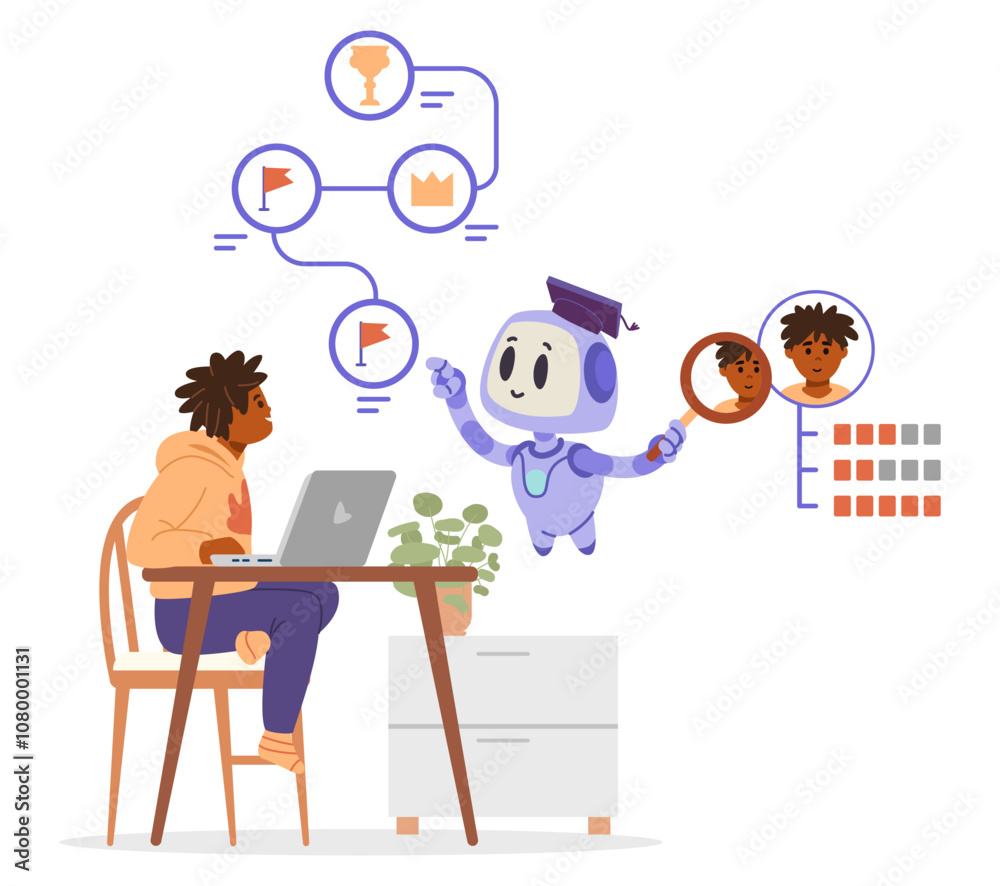 Artificial intelligence in school education concept flat vector illustration isolated on white. Ai robot making individual training plan according to student's characteristics. 