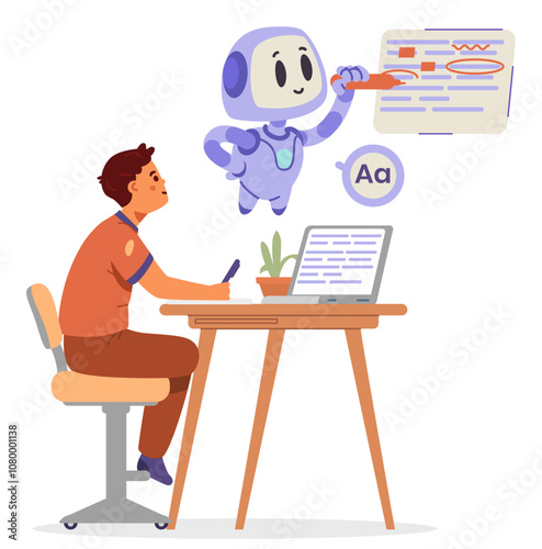 Artificial intelligence in school education concept flat vector illustration isolated on white. School boy use Ai robot help in checking spelling.