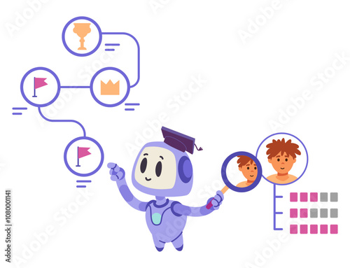 Artificial intelligence in school education concept flat vector illustration isolated on white. Ai robot making individual training plan according to student's characteristics. 