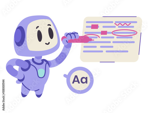 Artificial intelligence robot character in education concept flat vector illustration isolated on white. Ai bot checking spelling in text. Routine tasks automation concept.
