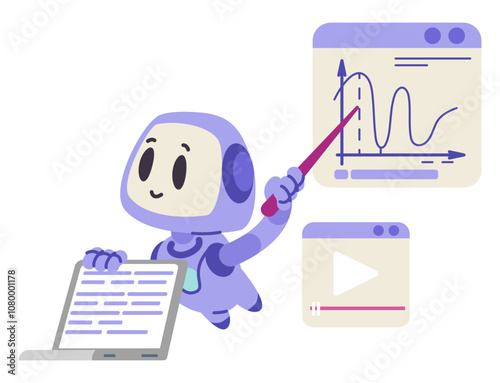 Artificial intelligence robot character in education concept flat vector illustration isolated on white. Ai bot finding appropriate information and explaining educational material.