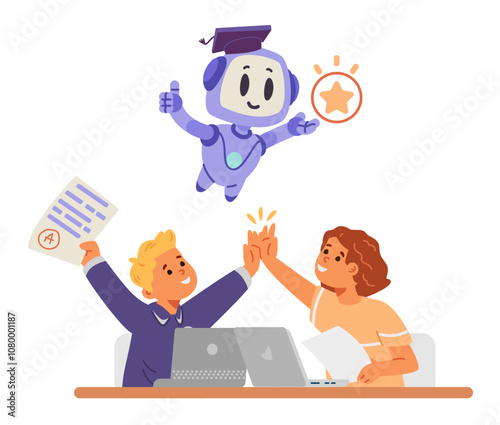 School children boy and girl with laptops and Ai bot celebrating success in education. Artificial intelligence in education concept flat vector illustration isolated on white.