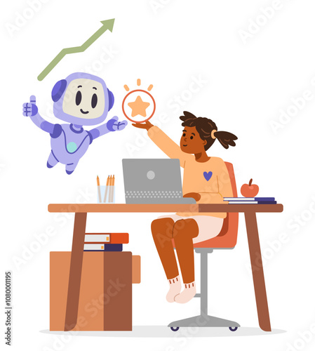 African american school sitting at desk with laptop taking star from Ai robot. Artificial intelligence in education concept flat vector illustration isolated on white.